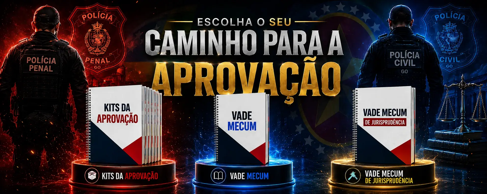 Escolha o seu caminho para a aprovação: Kits da Aprovação, Vade Mecum e Vade Mecum de Jurisprudência.